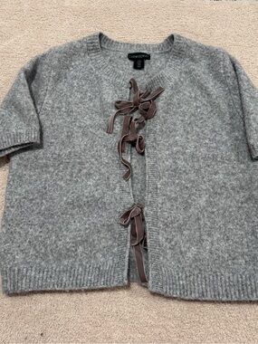 Cynthia Rowley Velvet Tie Short Sleeve Knit Cardigan Sweater Gray M